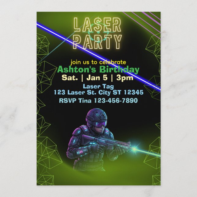 Convite Aniversário de Laser Tag, Neon e Preto (Frente)