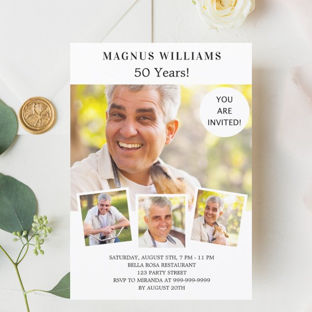 Convite Aniversário de luxo branco de colagem fotográfica (Criador carregado)