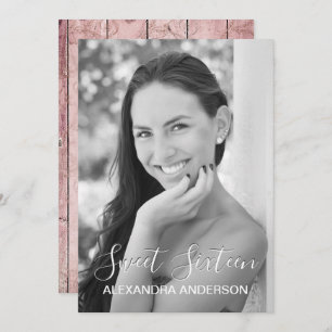 Convite Aniversário de madeira rústico Dourado cor-de-rosa