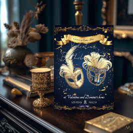 Convite Aniversário de Mascarada Elegante | Dourado e Azul