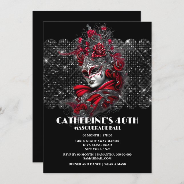 Convite aniversário de mascarada, Venezia mask rosa floral (Frente/Verso)