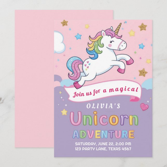 Convite Aniversário de Menina Arco-Íris de Unicórnio Fofo  (Frente/Verso)