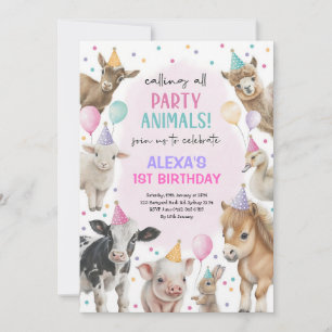 Convite Aniversário de Menina com Animais do Celeiro Rosa