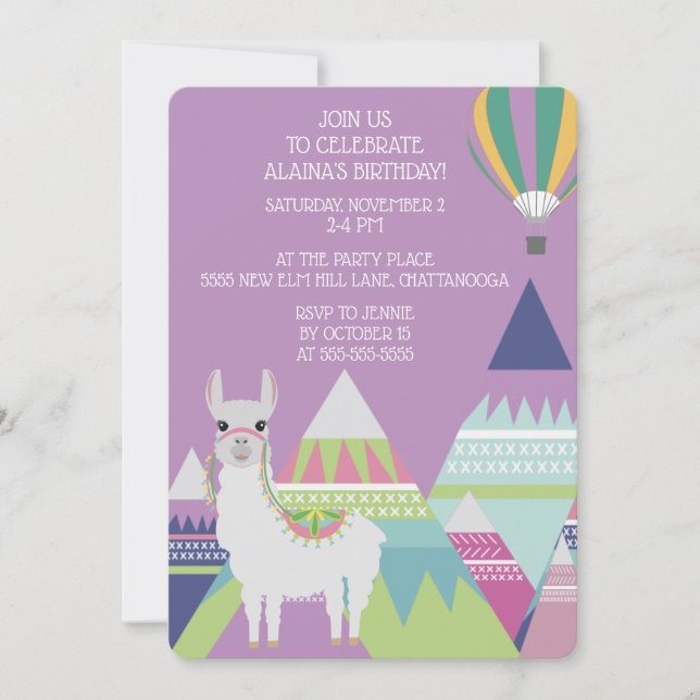 Convite Aniversário de Menina com Balão de Alpaca Roxa (Frente)