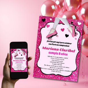 Convite Aniversário de Menina com Brilho Rosa Retro Espanh