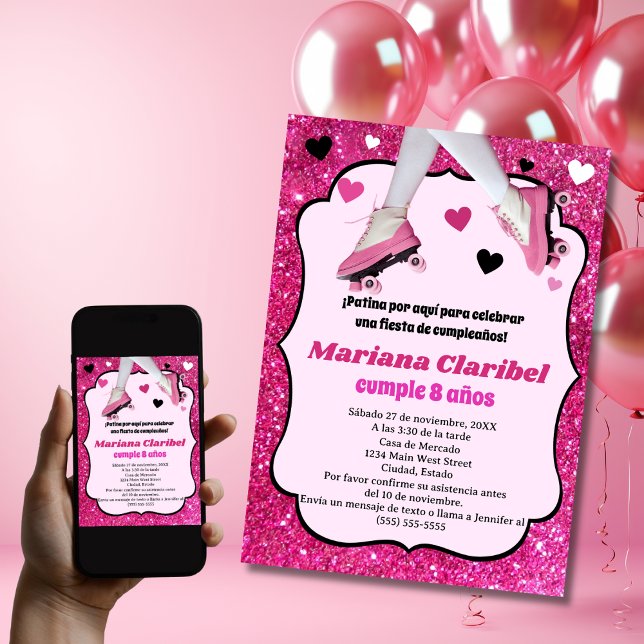 Convite Aniversário de Menina com Brilho Rosa Retro Espanh (Criador carregado)