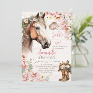 Convite Aniversário de Menina com Cavalo Rosa Floral Vaque