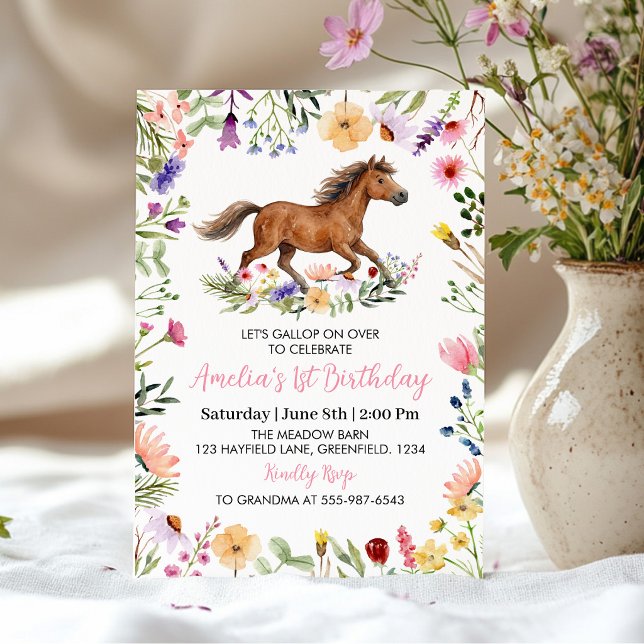 Convite Aniversário de Menina com Cavalo Rústico e Flor Si (Criador carregado)