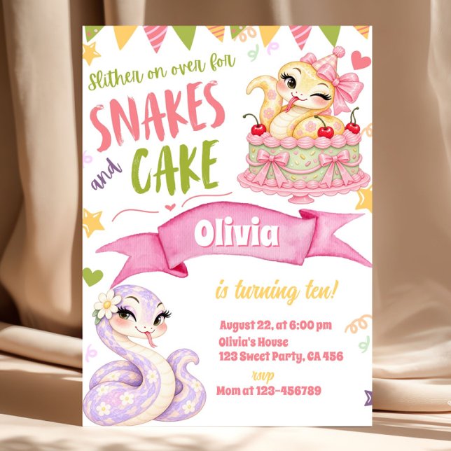 Convite Aniversário de Menina com Cobras e Bolo Rosa Paste (• Snake-Themed Birthday
• Snakes and Cake Party
• Girl's Birthday Celebration
• Reptile-Themed Party)