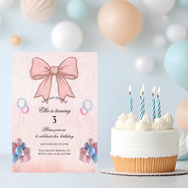 Convite Aniversário de Menina com Laço Rosa Despojado (Criador carregado)
