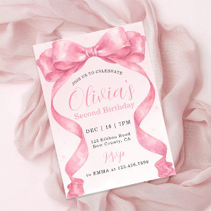 Convite Aniversário de Menina com Laço Rosa Fofa em Aquare