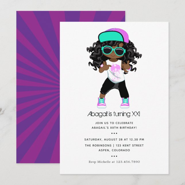 Convite Aniversário de menina com tema de Hip Hop (Frente/Verso)