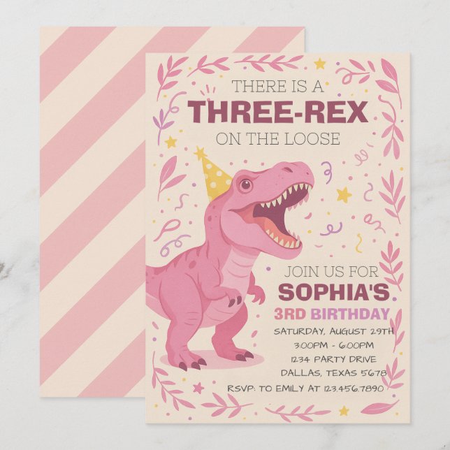 Convite Aniversário de Menina com Três Dinossauros Rex (Frente/Verso)