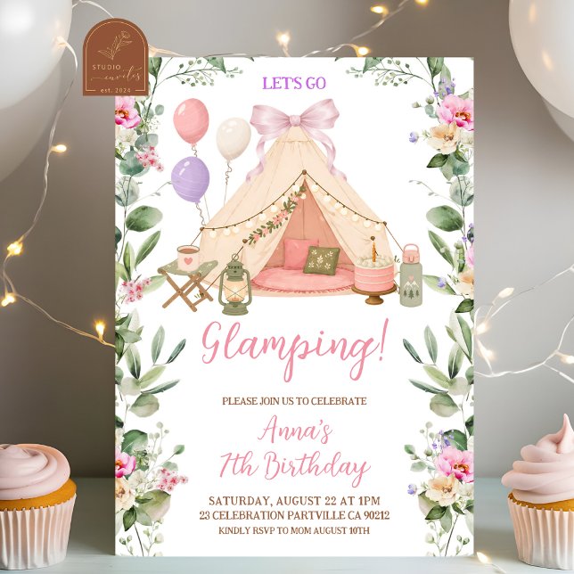 Convite Aniversário de Menina Coquete com Arco de Glamping (Criador carregado)