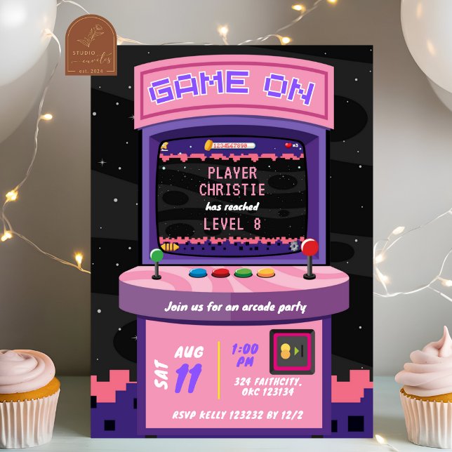 Convite Aniversário de Menina de Jogo de Arcade Neon Rosa  (Criador carregado)