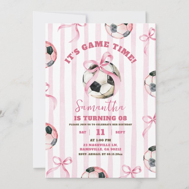 Convite Aniversário de Menina de Listras com Laço Rosa Hor (Frente)