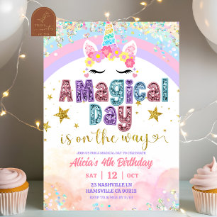 Convite Aniversário de menina de Unicórnio Mágico Arco-íri