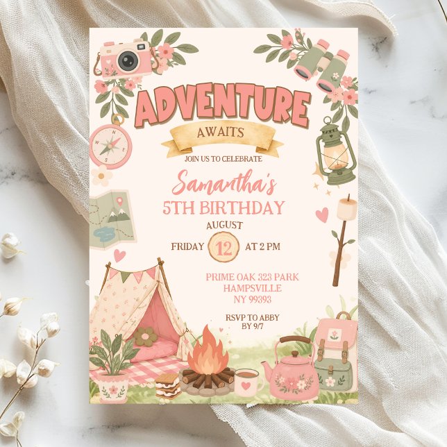 Convite Aniversário de Menina Espera Aventura Rosa Boho (Criador carregado)