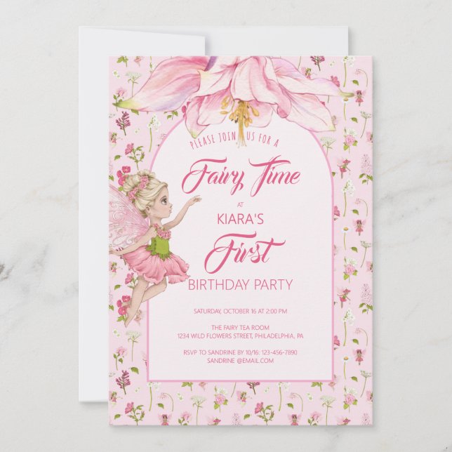 Convite Aniversário de Menina Fada Flor Aquarela (Frente)