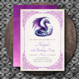 Convite Aniversário de Menina Fantasia Rosa Roxo Dragão