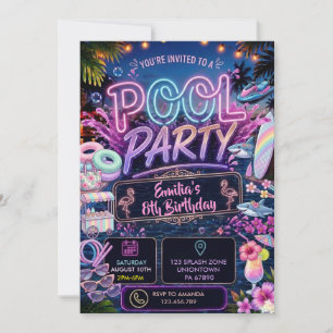 Convite Aniversário de Menina na Festa Neon Glow Pool no V