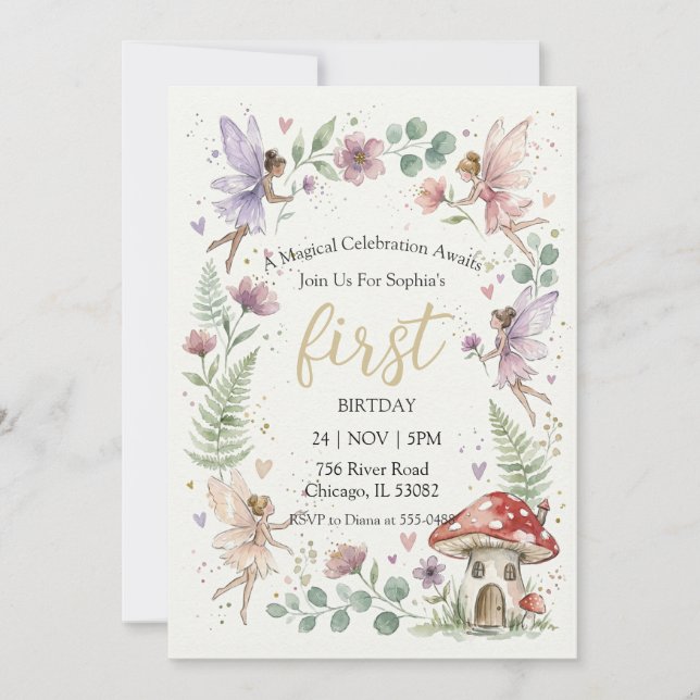 Convite Aniversário de Menina na Floresta de Fadas Pastel  (Frente)