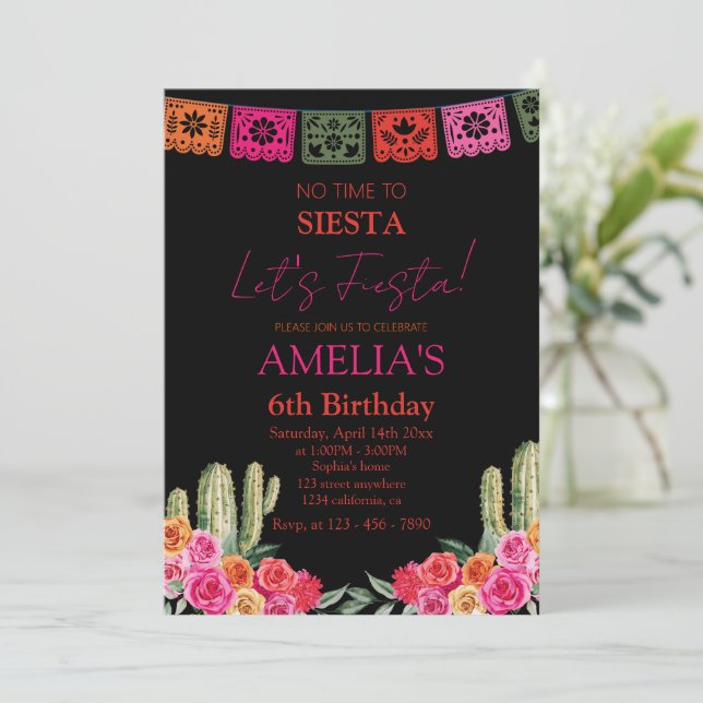 Convite aniversário de menina negra Fiesta mexicana (Em pé/Frente)