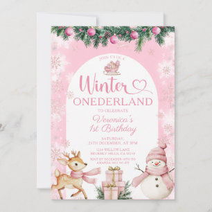 Convite Aniversário de Menina Onederland de Inverno Rosa F