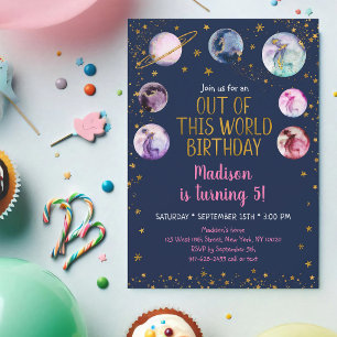 Convite Aniversário de Menina Planetas Galáxia Rosa