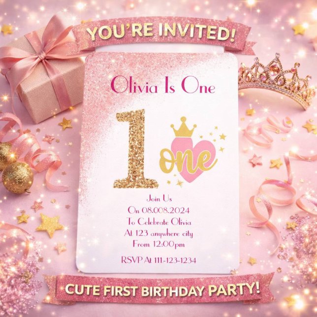 Convite Aniversário de menina princesa com purpurina rosa (Criador carregado)