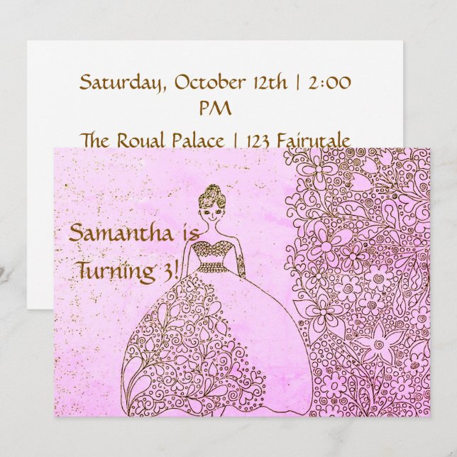 Convite Aniversário de Menina Princesa Rosa Dourado Capric (Frente/Verso)