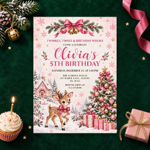 Convite Aniversário de Menina Rena de Natal Rosa