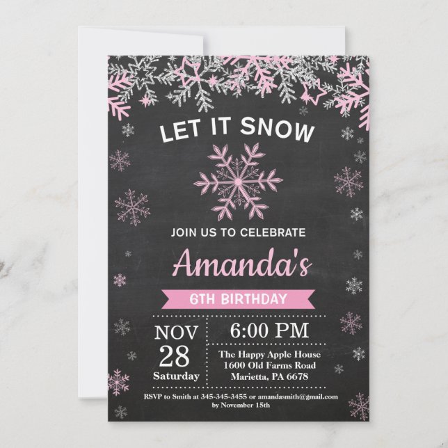 Convite Aniversário de Menina Rosa Prata Floco de Neve Inv (Frente)