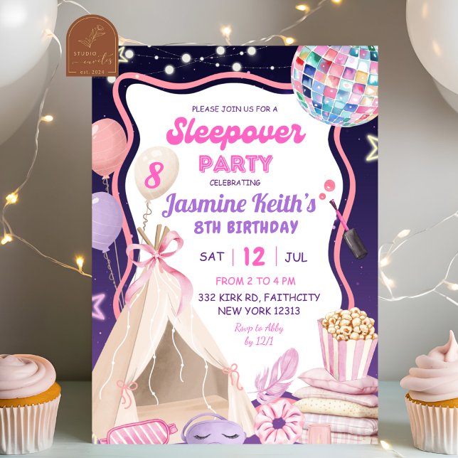 Convite Aniversário de Menina Rosa Roxo Sleepover (Criador carregado)