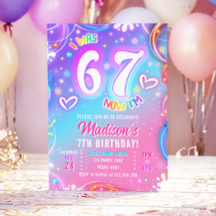 Convite Aniversário de Menina Seis Sete 6 7 Neon Glow Retr
