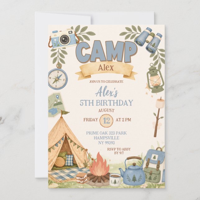 Convite Aniversário de Menina Tema Acampamento Azul (Frente)