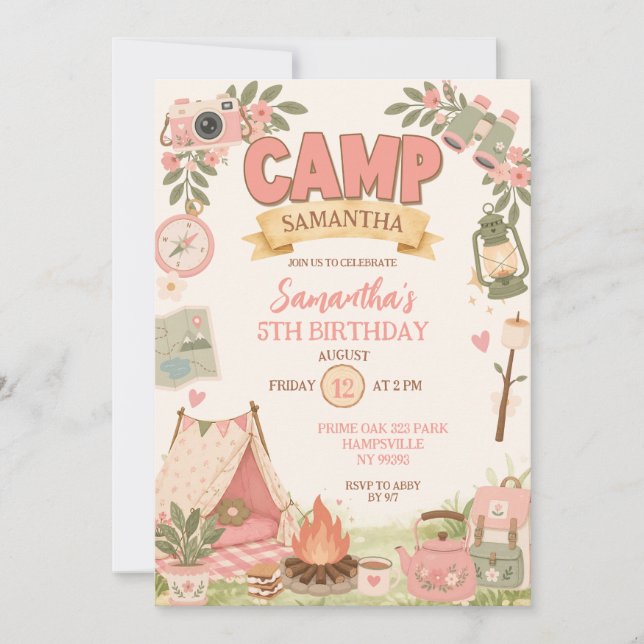 Convite Aniversário de Menina Tema Acampamento Boho Rosa (Frente)
