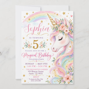 Convite Aniversário de Menina Unicórnio Floral Arco-Íris P