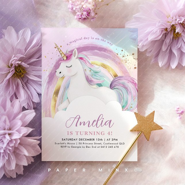 Convite Aniversário de Meninas Arco-Íris Pastel Unicórnio (Girl's Unicorn Pastel Rainbow Birthday Invitation)