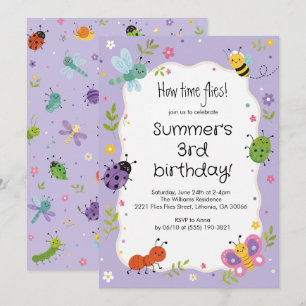 Convite Aniversário de Meninas com Bugs Fofos Roxos