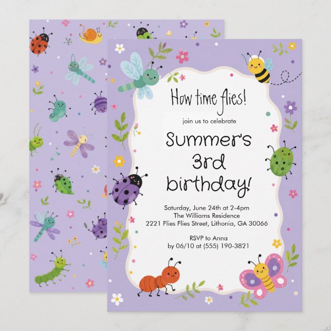 Convite Aniversário de Meninas com Bugs Fofos Roxos  (Frente/Verso)