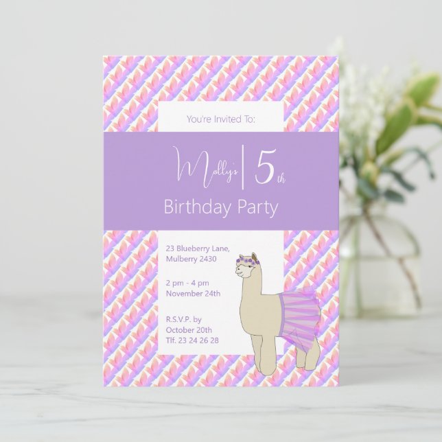 Convite Aniversário de Meninas Llama Roxo Arco-íris (Em pé/Frente)