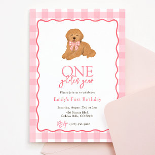 Convite Aniversário de Meninas Um Ano Dourado Goldendoodle