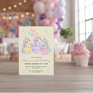 Convite Aniversário de Meninas Unicórnio em Aquarela Paste