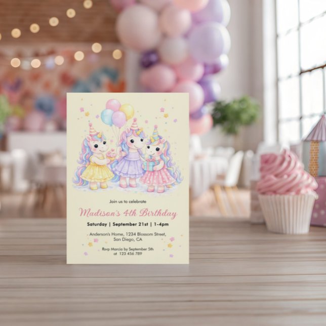 Convite Aniversário de Meninas Unicórnio em Aquarela Paste (Criador carregado)