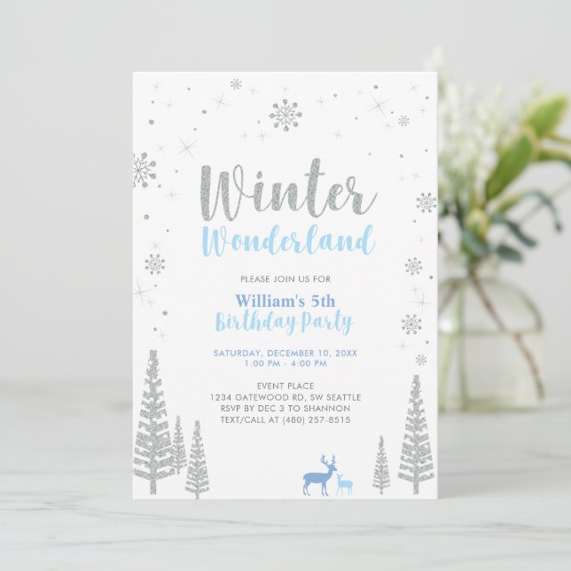 Convite Aniversário de Menino com Tema de Inverno Prateado (Em pé/Frente)