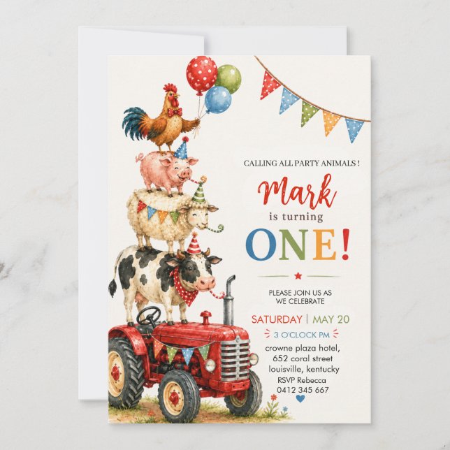 Convite Aniversário de Menino com Trator Fofo e Animais de (Frente)