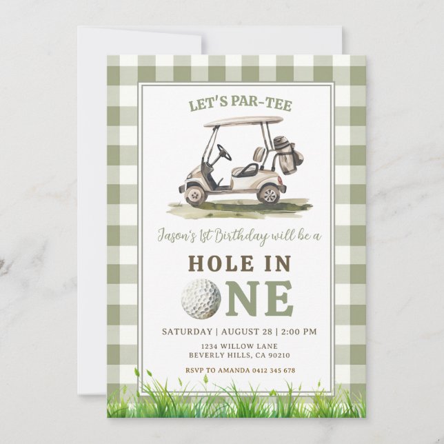 Convite Aniversário de Menino de Golfe com Gingham Verde S (Frente)