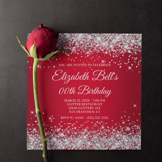 Convite Aniversário de Monograma Chique com Efeito Ombre V (Sparkly Silver Glitter Red Ombre Birthday Invitation)