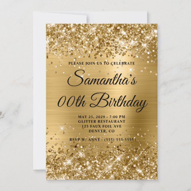 Convite Aniversário de Monograma Dourado Brilhante (Frente)